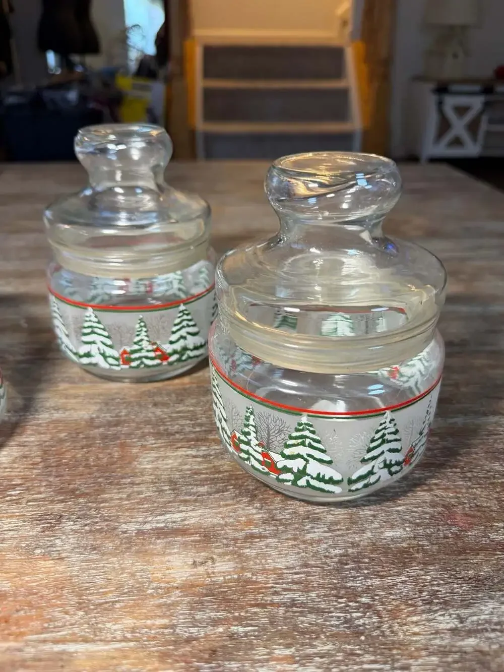 KIG Indonesia Vintage Winter Snow Scene Glass Candy Jars with Lids - Set of 3